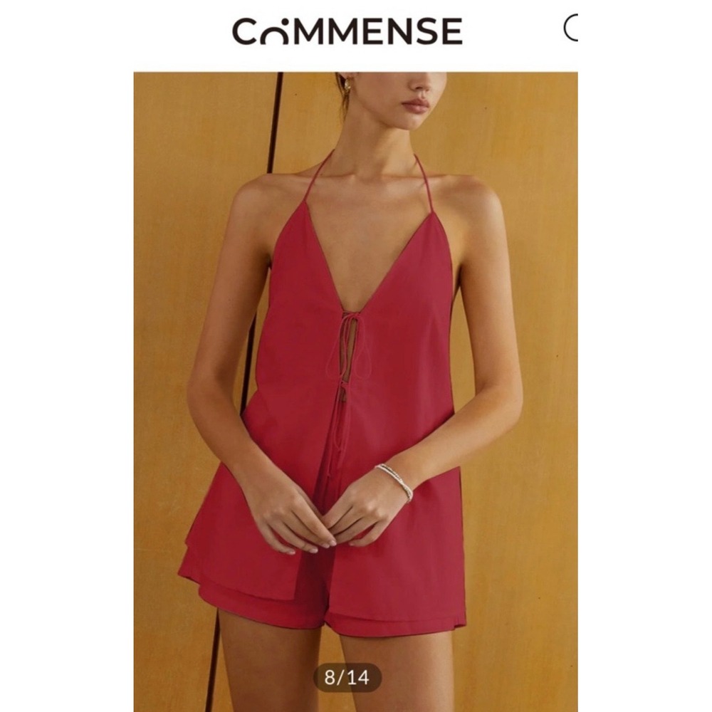 Commense Red Halter Neck Tie Front Cotton Linen Blend‎ Open Back Top Womens M